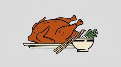 A whole roasted chicken on a platter with a bowl of green onions and a pair of chopsticks.
