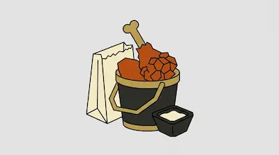 A bucket of fried chicken next to a paper bag and a small container of dipping sauce.