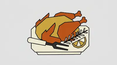 A roasted turkey on a platter with a carving fork, a sprig of rosemary, and a lemon wedge.