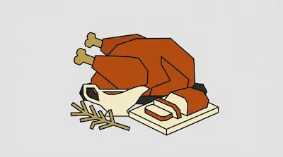 A stylized roasted turkey, a gravy boat, sliced bread on a board, and a sprig of herbs.