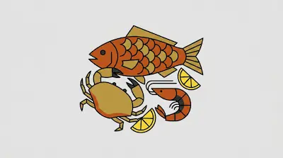 Flat illustration of a large orange fish, a tan crab, a shrimp, and lemon wedges with bold black outlines.