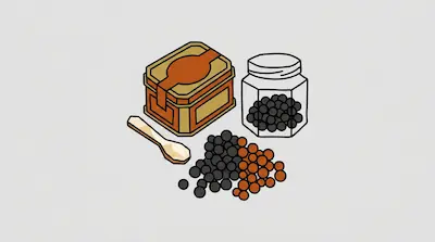 Flat illustration of a wooden box, a glass jar of black peppercorns, and a small spoon on a light gray background