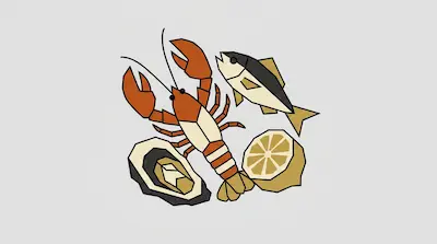 Flat illustration of a red lobster, a whole fish, an oyster, and a sliced lemon on a plain light gray background