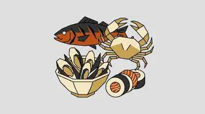 Flat illustration of a striped fish, a crab, a bowl of mussels, and sushi rolls on a light gray background