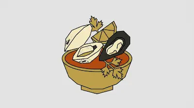A stylized bowl of seafood soup topped with shells, a mussel, a lemon wedge, and parsley sprigs.
