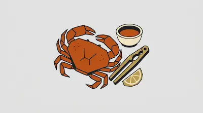 A stylized orange crab next to a bowl of dipping sauce, a cracker tool, and a lemon wedge.