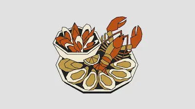 A seafood platter featuring a lobster, oysters on the half shell, a bowl of mussels, and a lemon wedge.