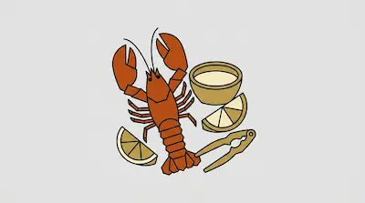 A red lobster is surrounded by a bowl of dipping sauce, two lemon wedges, and a cracker tool.