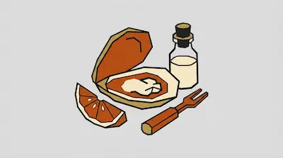 An open oyster shell sits beside a citrus wedge, a small bottle, and a two-pronged fork in a geometric art style.