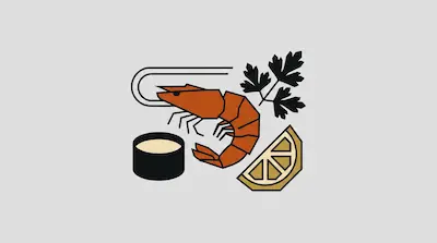 A geometric shrimp, lemon wedge, small bowl of sauce, and parsley sprig.