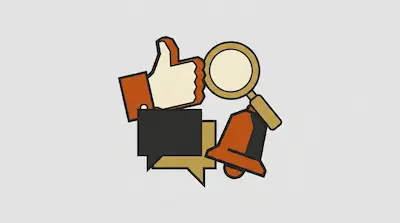 A cluster of stylized icons including a thumbs up, a magnifying glass, a bell, and speech bubbles.