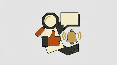 A magnifying glass, a speech bubble, a thumbs-up hand, and a ringing bell are grouped together.