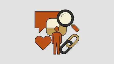 A collection of icons including a speech bubble, a magnifying glass, a person, a heart, and a chain link in orange and tan tones.