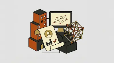 A tall orange building, a computer monitor showing a network diagram, a document with a profile icon, and a 3D geometric network structure.