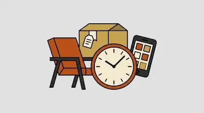 An orange chair, a cardboard box with a tag, a round clock, and a smartphone.