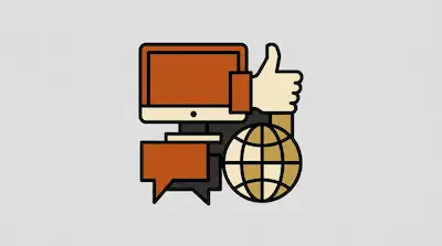 Flat illustration of a computer monitor, a thumbs up icon, a globe, and speech bubbles in brown and cream tones.