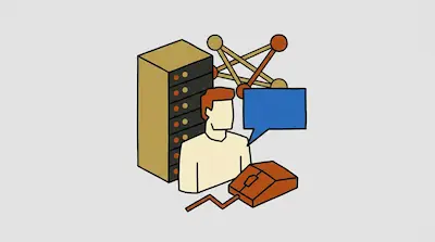 A person is surrounded by a server rack, a network diagram, a speech bubble, and a computer mouse.