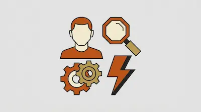 Flat illustration of a person icon, a magnifying glass, interlocking gears, and a lightning bolt on a gray background