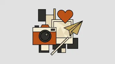 A stylized camera, heart, paper airplane, and photo frame are clustered together in a geometric design.
