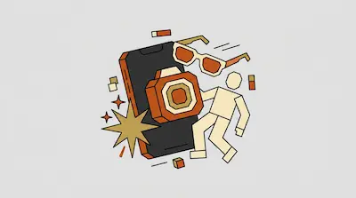 A stylized smartphone surrounded by a camera icon, sunglasses, and a geometric human figure.