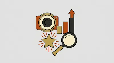 A camera, a bar graph with an upward-pointing arrow, a star with radiating lines, and a magnifying glass.