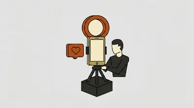 A person stands behind a smartphone mounted on a tripod with a ring light and a heart icon.