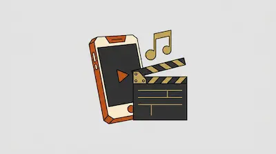 A smartphone with a play button on its screen, a film clapperboard, and a musical note.
