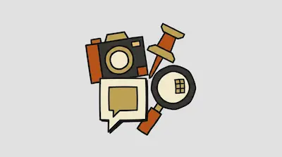 A camera, a pushpin, a speech bubble, and a magnifying glass are clustered together in a hand-drawn style.
