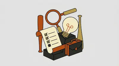 A magnifying glass, light bulb, checklist, briefcase, and two baseball bats are clustered together.