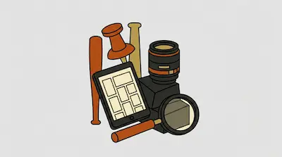 A cluster of stylized objects including a baseball bat, a pushpin, a camera, a tablet, and a magnifying glass.