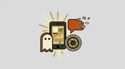 A smartphone displaying charts is surrounded by icons of a ghost, a camera lens, and a speech bubble with a face breaking into pieces.