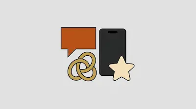 An orange speech bubble, three interlocking tan rings, a black smartphone, and a tan star.