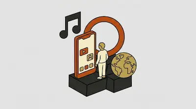 A person stands on black blocks looking at a large smartphone screen, surrounded by a musical note, a globe, and a large orange ring.