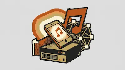 A pixelated graphic of a smartphone with a music note icon resting on a server, surrounded by a network diagram and a large music note.