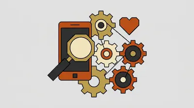 An orange smartphone with a magnifying glass over its screen is surrounded by interlocking gears and a heart.