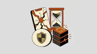A cracked smartphone, an hourglass, a shield icon, and a stack of servers.