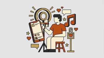 A person sits on a stool surrounded by a ring light, a microphone, a smartphone on a tripod, and social media icons.