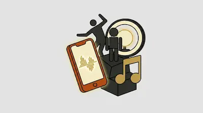A smartphone with a waveform on the screen is surrounded by stylized human figures, a musical note, and a circular light.