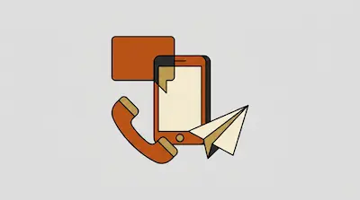A smartphone, telephone handset, speech bubble, and paper airplane in shades of orange and tan.