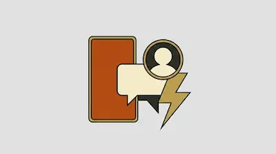 A stylized graphic featuring a brown smartphone, a speech bubble, a circular profile icon, and a gold lightning bolt.