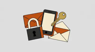 A smartphone, a padlock, a key, and two envelopes are clustered together.