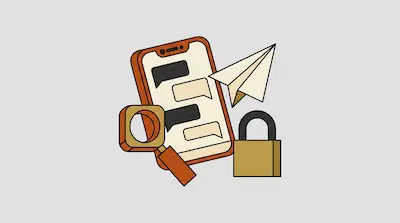 A stylized smartphone showing a messaging interface is accompanied by a paper airplane, a magnifying glass, and a closed padlock.