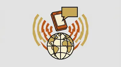 A globe with signal waves radiating towards a smartphone with a speech bubble.