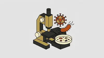 A microscope stands next to a virus, a bacterium, and a petri dish.