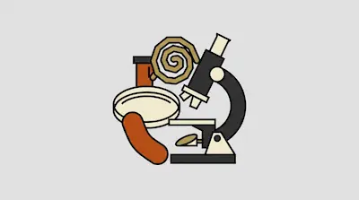 A microscope, petri dish, test tube, sausage, and a spiral coil.