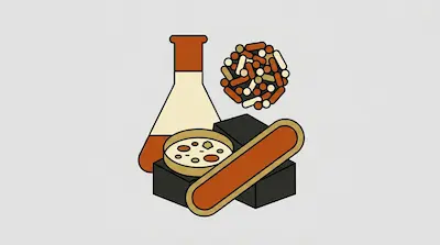 An Erlenmeyer flask, a petri dish, and a cluster of pills.