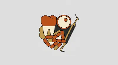 A stylized graphic of a tooth, a dental pick, and several capsules in shades of orange, tan, and black.