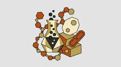 A laboratory flask, a molecular chain, and various abstract shapes rendered in a geometric style with orange and tan tones.