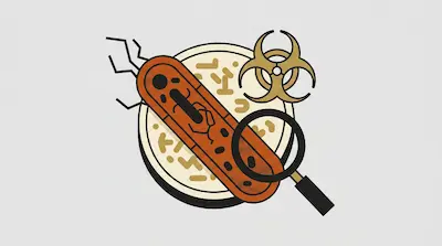 A large orange microbe on a petri dish with a biohazard symbol and a magnifying glass.
