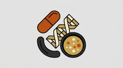 A collection of medical and scientific icons including a pill, a DNA strand, and a petri dish.
